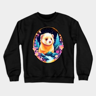 Cute Ferret with Floral Elements in Watercolor art Crewneck Sweatshirt